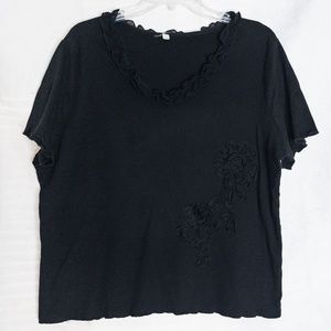 Black V- Neck Ruffle Trim Short Sleeve Knit Top
